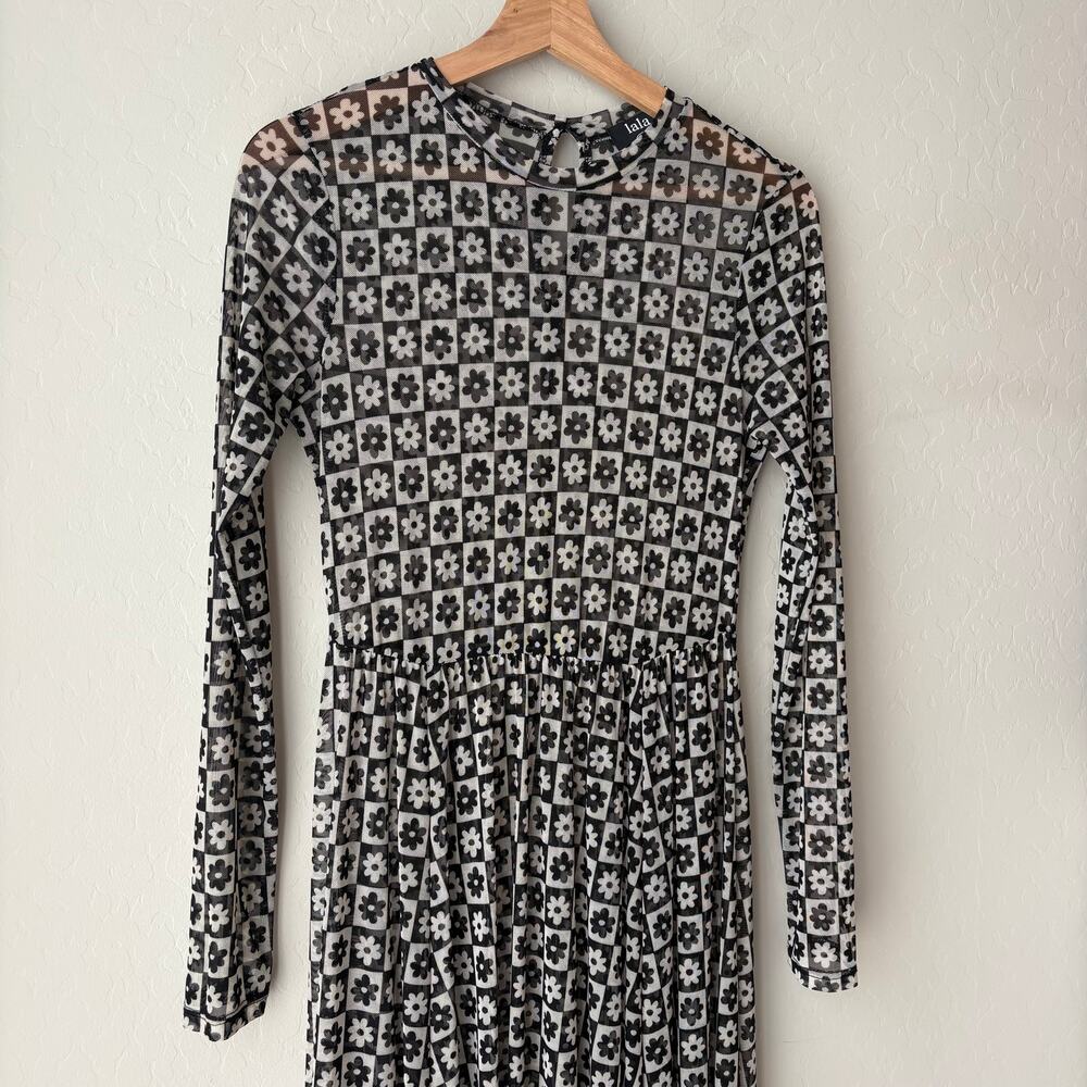Dressed in Lala Dress Mesh Floral Checkered Long Sleeve Maxi Dress Black White S - Picture 3 of 8